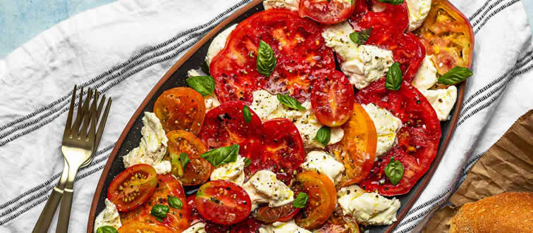 An authentic Caprese Salad relies on tomatoes, mozzarella, and which essential herb?